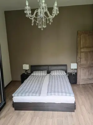 a bedroom with a large bed and a chandelier at Vitosha 67 in Sofia