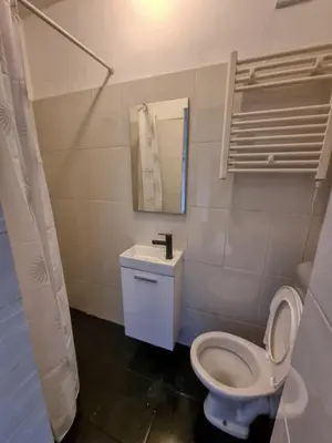 a bathroom with a toilet and a sink and a mirror at Charming Studio in Sofia Center in Sofia