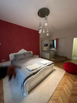 a bedroom with a large bed and a red wall at Lux apartments Top center in Sofia