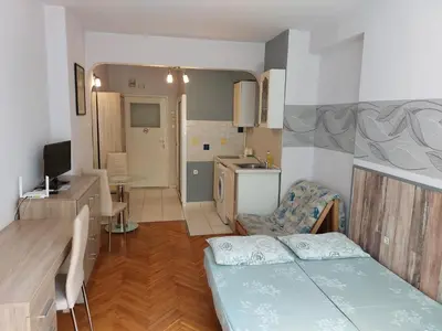 a small apartment with a kitchen and a table at Studio Rositza in Sofia