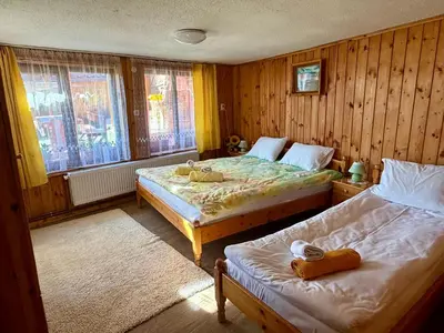 two beds in a bedroom with wooden walls and windows at Златкова къща in Koprivshtitsa