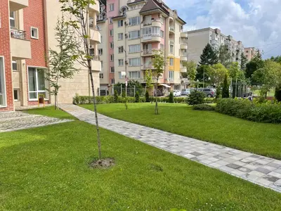 a small tree in the middle of a park with buildings at Apartment Mladost 2 - Free Parking in Sofia