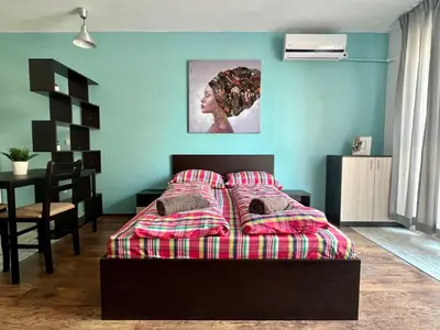 a bedroom with a bed with a plaid blanket at Flower house 8 in Sofia