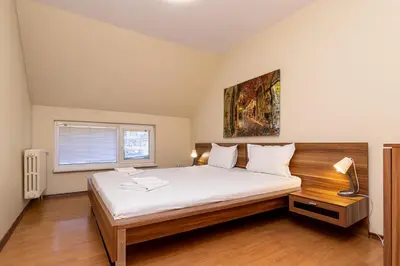 a bedroom with a large bed and a painting on the wall at Family Hotel Madrid in Sofia