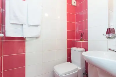 a bathroom with a white toilet and a sink at Family Hotel Madrid in Sofia
