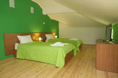 two beds in a room with green walls at Горски Кът in Devin