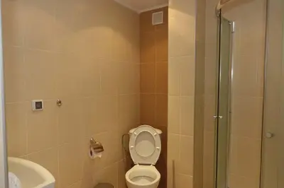 a bathroom with a toilet and a sink and a shower at Горски Кът in Devin