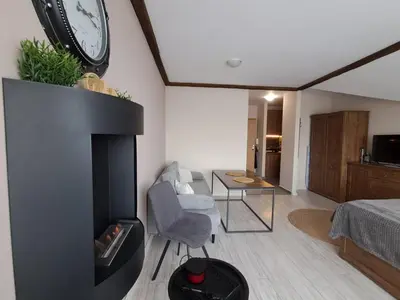 a living room with a fireplace and a clock on the wall at Premium StudioApartment in Borovets Gardens in Borovets