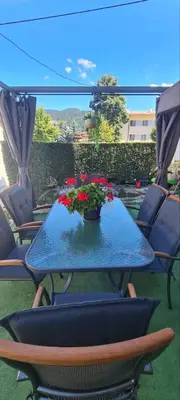 a blue table with a potted plant on a patio at Апартаменти Сънрайс Чепеларе in Chepelare