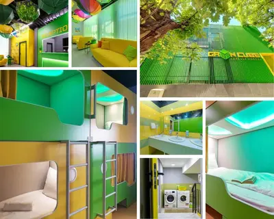 a collage of different pictures of a room at Green Cube Capsule Hostel in Sofia