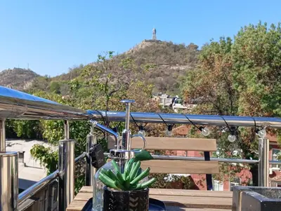 a plant sitting on a table with a mountain in the background at Artistic loft with AMAZING VIEW in Plovdiv