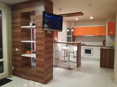 a kitchen with a tv on a wooden wall at Top luxury apartment, great location in Sofia