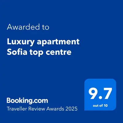 a blue sign with the text awarded to luxury apartment ssta top centre at Luxury apartment Sofia top centre in Sofia