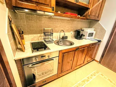 a small kitchen with a sink and a stove at Luxury SPA Apartments TOP resort Bansko - incl wellness in Bansko