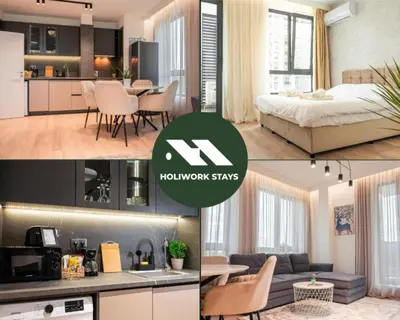 a collage of photos of a kitchen and a living room at Urban Exec Suite with Free Gym Pass, Full Office Setup and Designated Parking Space in Plovdiv