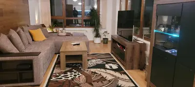 a living room with a couch and a tv at Cozy Rila Park Apartments in Borovets