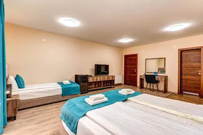 a bedroom with two beds and a desk and a television at VALEMO Apart House in Devin