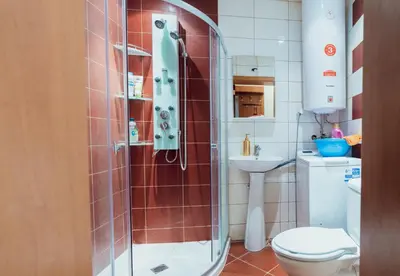 a bathroom with a shower and a toilet and a sink at Spacious stylish studio with large terrace and amazing view, 5 min to Gondola & Bar Str in Bansko