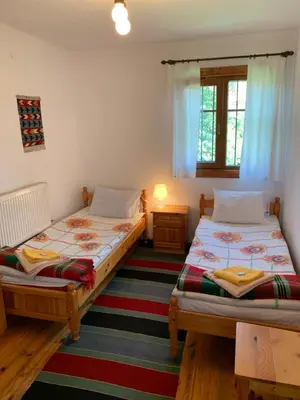 a bedroom with two beds and a window at Borimechkova Kashta in Koprivshtitsa