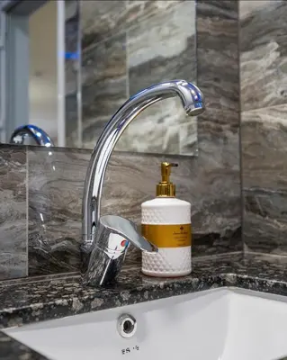 a sink with a faucet and a bottle of soap at Azurro Residence in Sofia