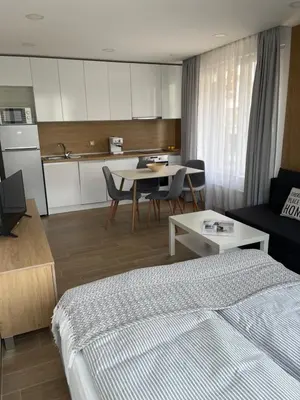 a hotel room with a bed and a table and a kitchen at Bunaya Sofia in Sofia