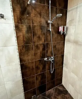 a shower in a bathroom with brown tiles at Diana’s place in Sandanski