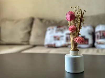 a white vase with pink flowers on a table at Diana’s place in Sandanski
