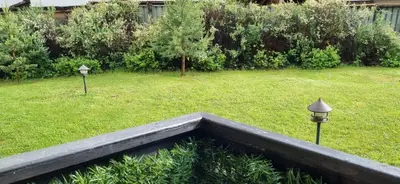 a garden with two lights in the grass at Bojurland, Bansko, Bulgaria in Bansko