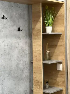 a wooden shelf with a potted plant on it at Blue & Gold Stylish Apartment in Sofia