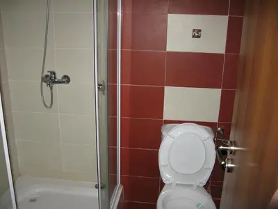 a bathroom with a shower and a toilet and a tub at Krasi Apartments in Zornitsa Complex in Stoykite