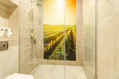 a bathroom with a shower with a painting of a vineyard at 1 BR Wine Journey in Sofia