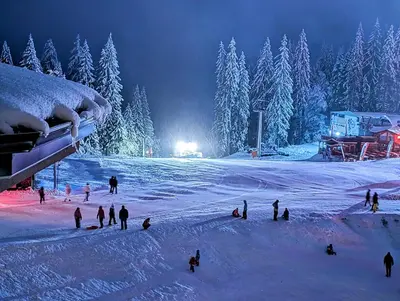a group of people standing in the snow at night at Pine & Wine Sauna Apartment in Pamporovo