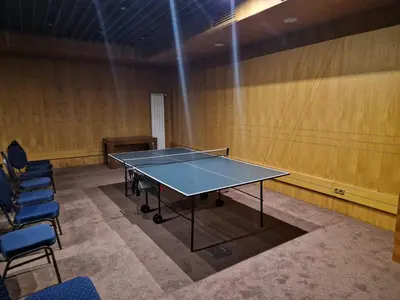 a ping pong table in a room with chairs at Green life, Bansko, private studio c-17 in Bansko