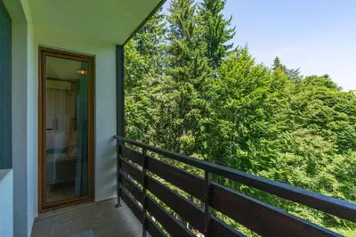 a balcony of a house with a fence and trees at Villa Kometa Pamporovo Cozy 1-BD Flat by Flat Mаnager in Pamporovo