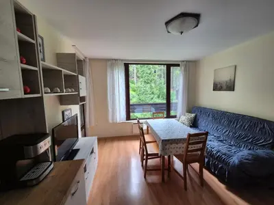 a living room with a table and a blue couch at Elit Pamporovo Accommodation in Pamporovo