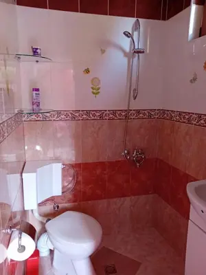 a bathroom with a shower and a toilet and a sink at Апартамент Стела in Sofia