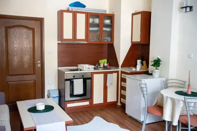 a small kitchen with a stove and a table at Sunny studio in Pamporovo in Pamporovo