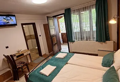 a bedroom with a bed and a desk and a television at Rooms in Leshten in Leshten