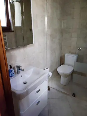 a bathroom with a white sink and a toilet at Терасите - Къща 2 in Ribarica
