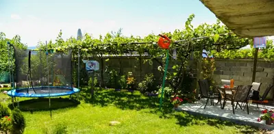 a backyard with a trampoline in the grass at Къща за гости Хаджиеви in Ognyanovo