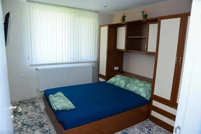 a small bedroom with a blue bed and shelves at Къща за гости Хаджиеви in Ognyanovo