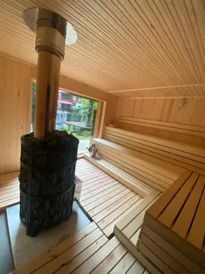 a inside of a sauna with a wooden floor and a wood stove at Hotel Saint Nedelya in Kolarovo