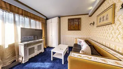 a living room with a couch and a tv at Hotel Boyana in Sofia