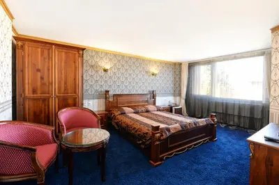 a bedroom with a bed and two chairs at Hotel Boyana in Sofia