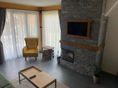 a living room with a stone fireplace with a tv at HillVill in Govedartsi