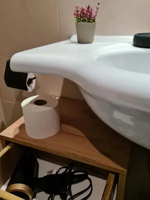 a white bathroom sink with a roll of toilet paper at Four Seasons Apartment Bansko in Bansko