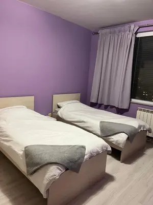 two beds in a room with purple walls and a window at The best choice in Sofia in Sofia