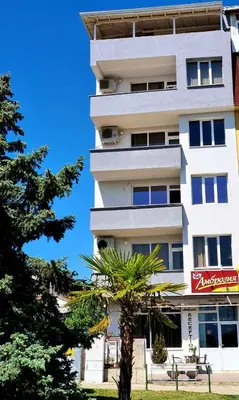 a tall white building with a palm tree in front of it at Family Hotel Ambrozia in Sandanski