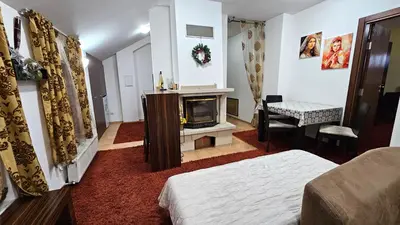 a living room with a bed and a fireplace at The Castle Mansarde on the slope 7 - Pamporovo in Pamporovo