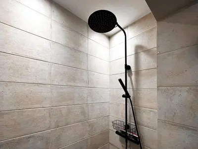 a bathroom with a shower with at 2BR by NDK - AC - Desk - Lux Interior - Balcony in Sofia